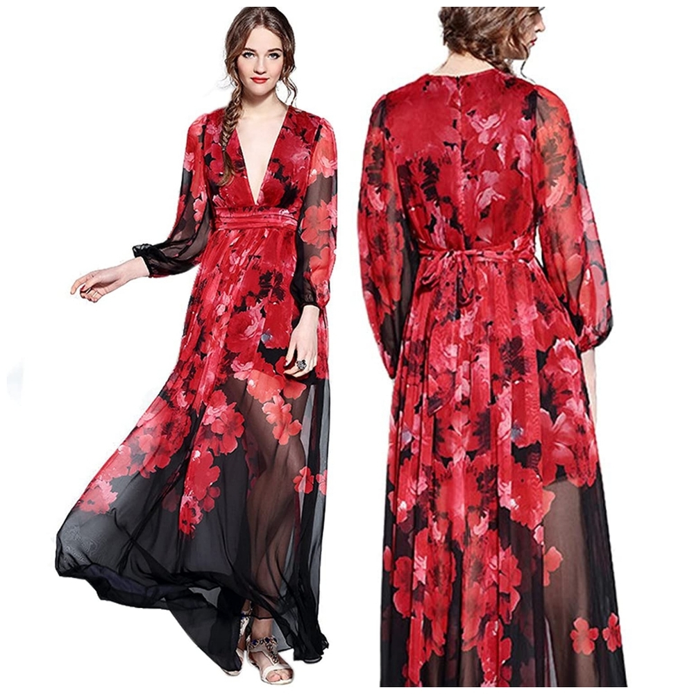 Small Womens Plunging V-Neck Long Sleeve Floral Maxi Dress with red flowers sz S